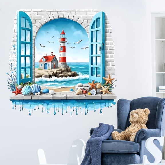 Seascape Decals Mediterranean Style 3D Effect Wall Stickers Peel and Stick Bedroom Living Room Background Decoration Sticker 22x23Inch