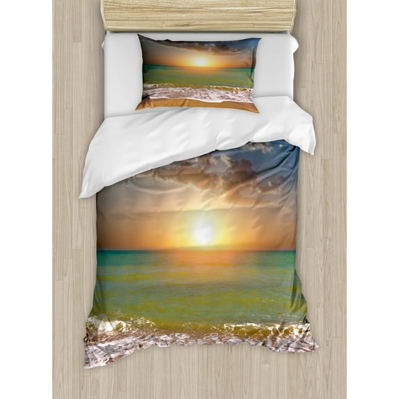 Seascape Duvet Cover Set, Panorama of Sunset over Ocean Horizon and Sand Beach Fluffy Clouds in Sky, Decorative 2 Piece Bedding Set with 1 Pillow Shams, Twin Size, Multicolor, by Ambesonne