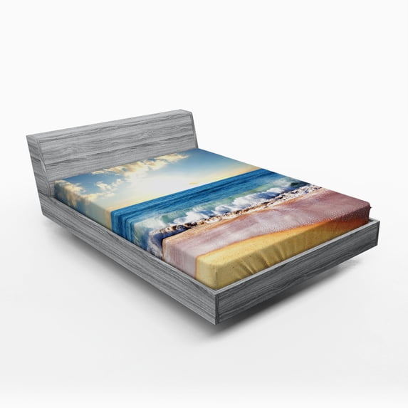 Seascape Fitted Sheet, Summer Day Wave Foams on Sands and Sea Horizon, Soft Decorative Fabric Bedding, Full Size, Multicolor, by Ambesonne