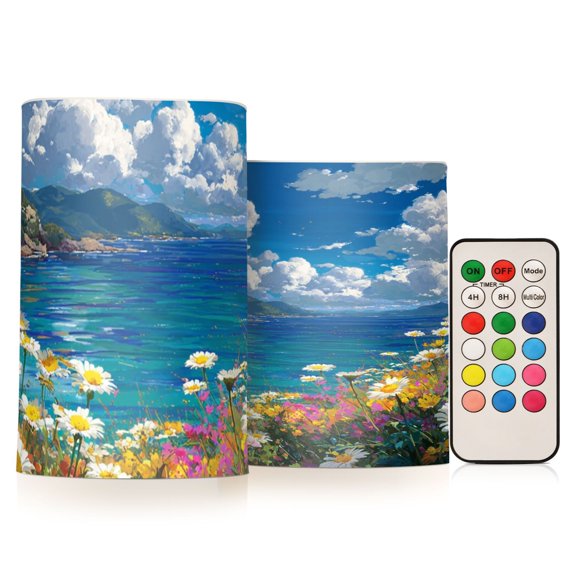 Seascape Flickering Flameless Candles Battery Operated with Remote Timer LED Pillar Candles Set of 2