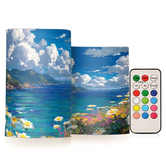 Seascape Flickering Flameless Candles Battery Operated with Remote Timer LED Pillar Candles Set of 2