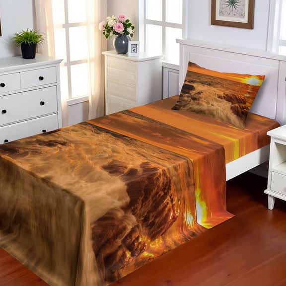 Ambesonne Seascape Fitted & Top Sheet Set with Sham, Ocean with Rocks at Sunset, Orange and Amber