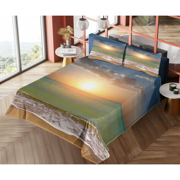 Ambesonne Seascape Fitted & Top Sheet Set with Shams, Sandy Beach Waves Sunset, Multicolor