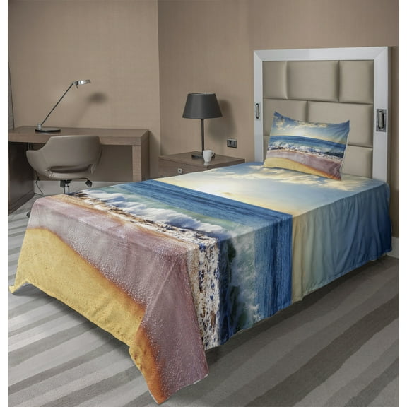 Ambesonne Seascape Fitted & Top Sheet Set with Sham, Summer Day Coast and Sea, Multicolor