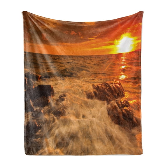 Seascape Soft Flannel Fleece Blanket, Exotic Ocean with Waves on Rocks Panorama in Sunset Time Tangerine Tones Sky, Cozy Plush for Indoor and Outdoor Use, 70" x 90", Orange and Amber, by Ambesonne