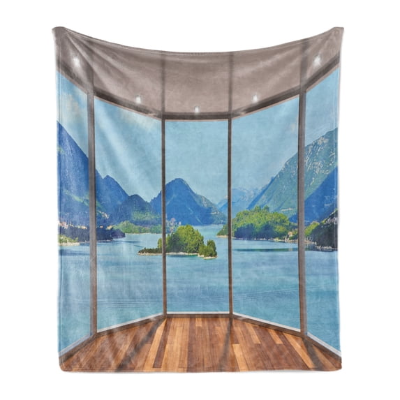 Seascape Soft Flannel Fleece Throw Blanket, Beach Seaside Hills Trees View from Window Illustration Summer Exotic Outdoorsy, Cozy Plush for Indoor and Outdoor Use, 50" x 60", Blue Brown, by Ambesonne