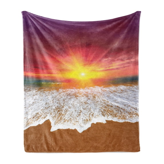 Seascape Soft Flannel Fleece Throw Blanket, Colorful Sky with Rising Sun over Tropical Ocean Foaming Waves on Sandy Beach, Cozy Plush for Indoor and Outdoor Use, 50" x 60", Multicolor, by Ambesonne