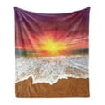 thumbnail image 1 of Seascape Soft Flannel Fleece Throw Blanket, Colorful Sky with Rising Sun over Tropical Ocean Foaming Waves on Sandy Beach, Cozy Plush for Indoor and Outdoor Use, 50" x 70", Multicolor, by Ambesonne, 1 of 5