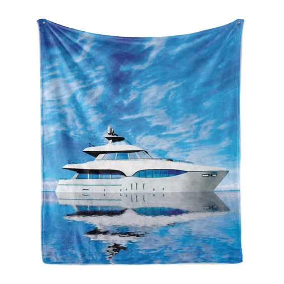 Seascape Soft Flannel Fleece Throw Blanket, Marine Themed Photo of Yacht on Cloudy Pastel Sky and Blue Calm Water Print, Cozy Plush for Indoor and Outdoor Use, 50" x 70", Blue Pale Grey, by Ambesonne