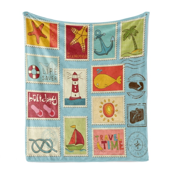 Seascape Soft Flannel Fleece Throw Blanket, Nautical Theme Lighthouse and Anchor Palm Trees Beach Sailing Holiday Lover, Cozy Plush for Indoor and Outdoor Use, 50" x 70", Multicolor, by Ambesonne