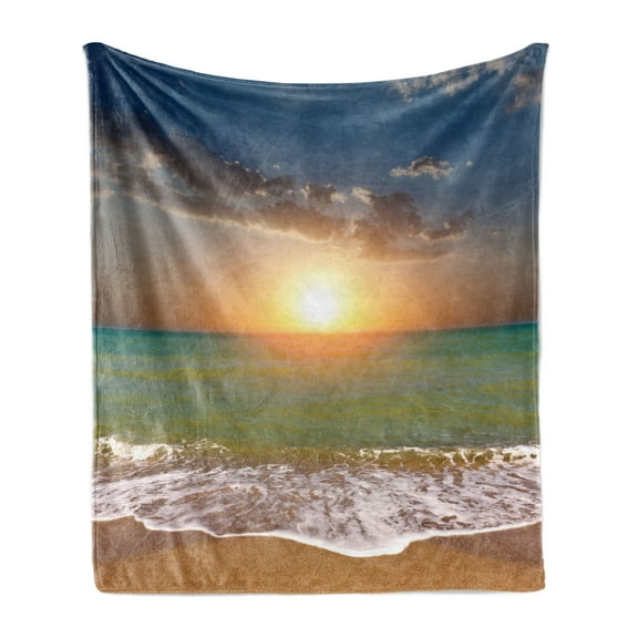 Seascape Soft Flannel Fleece Throw Blanket, Panorama of Sunset over Ocean Horizon and Sand Beach Fluffy Clouds in Sky, Cozy Plush for Indoor and Outdoor Use, 60" x 80", Multicolor, by Ambesonne