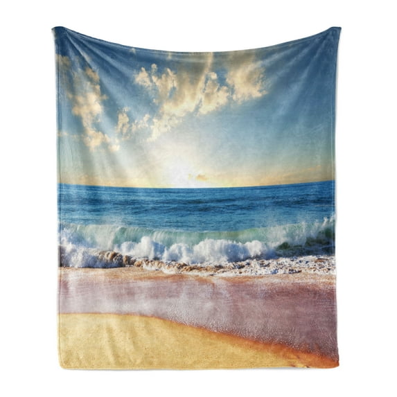Seascape Soft Flannel Fleece Throw Blanket, Summer Day Wave Foams on Sands and Sea Horizon, Cozy Plush for Indoor and Outdoor Use, 50" x 70", Multicolor, by Ambesonne