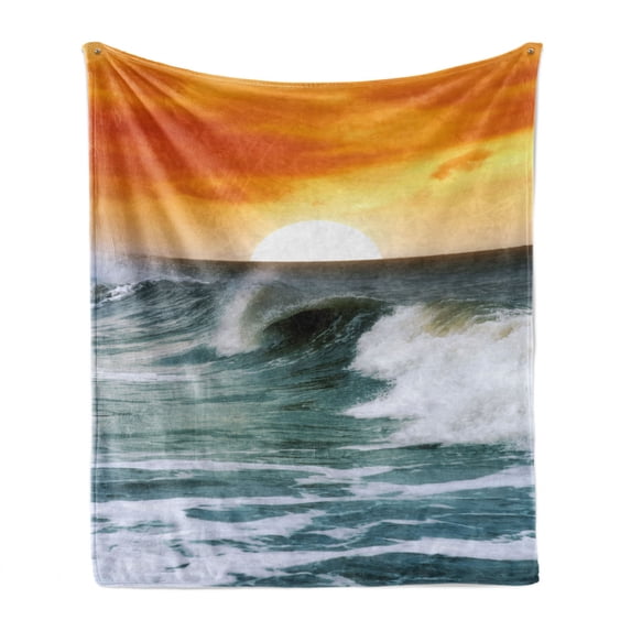 Seascape Soft Flannel Fleece Throw Blanket, Sunset over Wavy Ocean Tranquil Moment Scenery Tropical Sea and Tangerine Sky, Cozy Plush for Indoor and Outdoor Use, 60" x 80", Multicolor, by Ambesonne