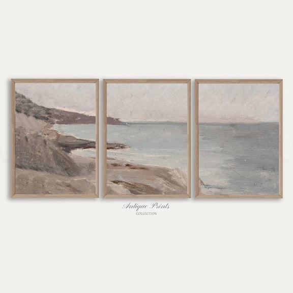 Seascape Split Coastal Vintage Beach Cottage Wall Art Print Set 3 Stretched Canvas 16x24