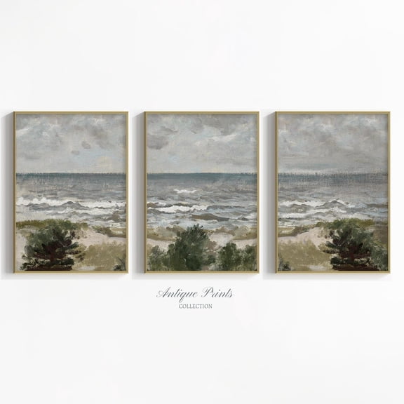 Seascape Split Posters, Coastal 3 Pieces Vintage Wall Art, Ocean Waves, Antique Beach Cottage Decor Printed Poster, Poster Only