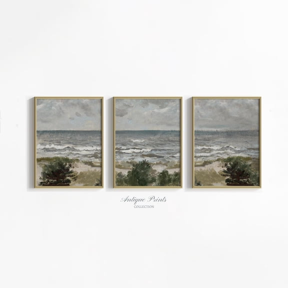 Seascape Split Prints Coastal 3 Pieces Vintage Wall Art Ocean Waves Painting Beach Cottage Decor Set 3