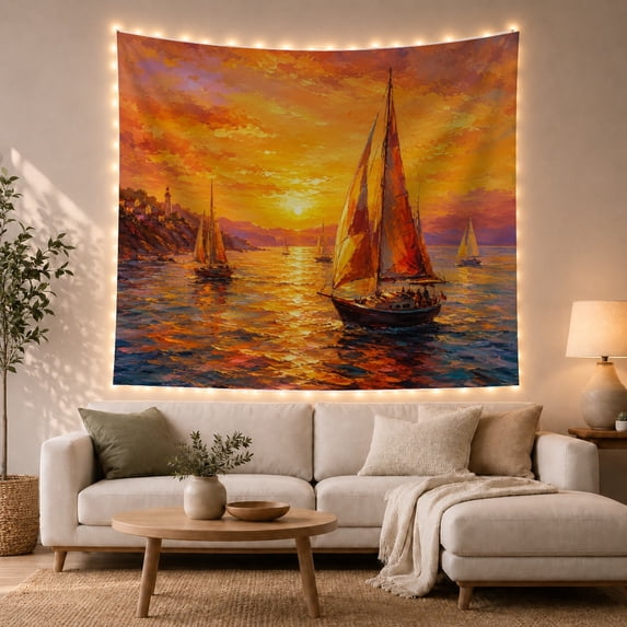 Seascape Sunset Main with Sailboat Right Foreground Rich, Mystical Fantasy for Space Lovers, Galaxy Room Decor, Housewarming Gift, Tapestry Wall Hanging for Bedroom and Dorm
