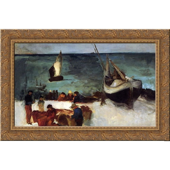 Seascape at Berck, Fishing Boats and Fishermen 24x18 Gold Ornate Wood Framed Canvas Art by Manet, Edouard