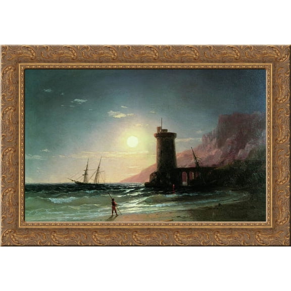 Seascape with Moon 24x19 Gold Ornate Wood Framed Canvas Art by Aivazovsky, Ivan