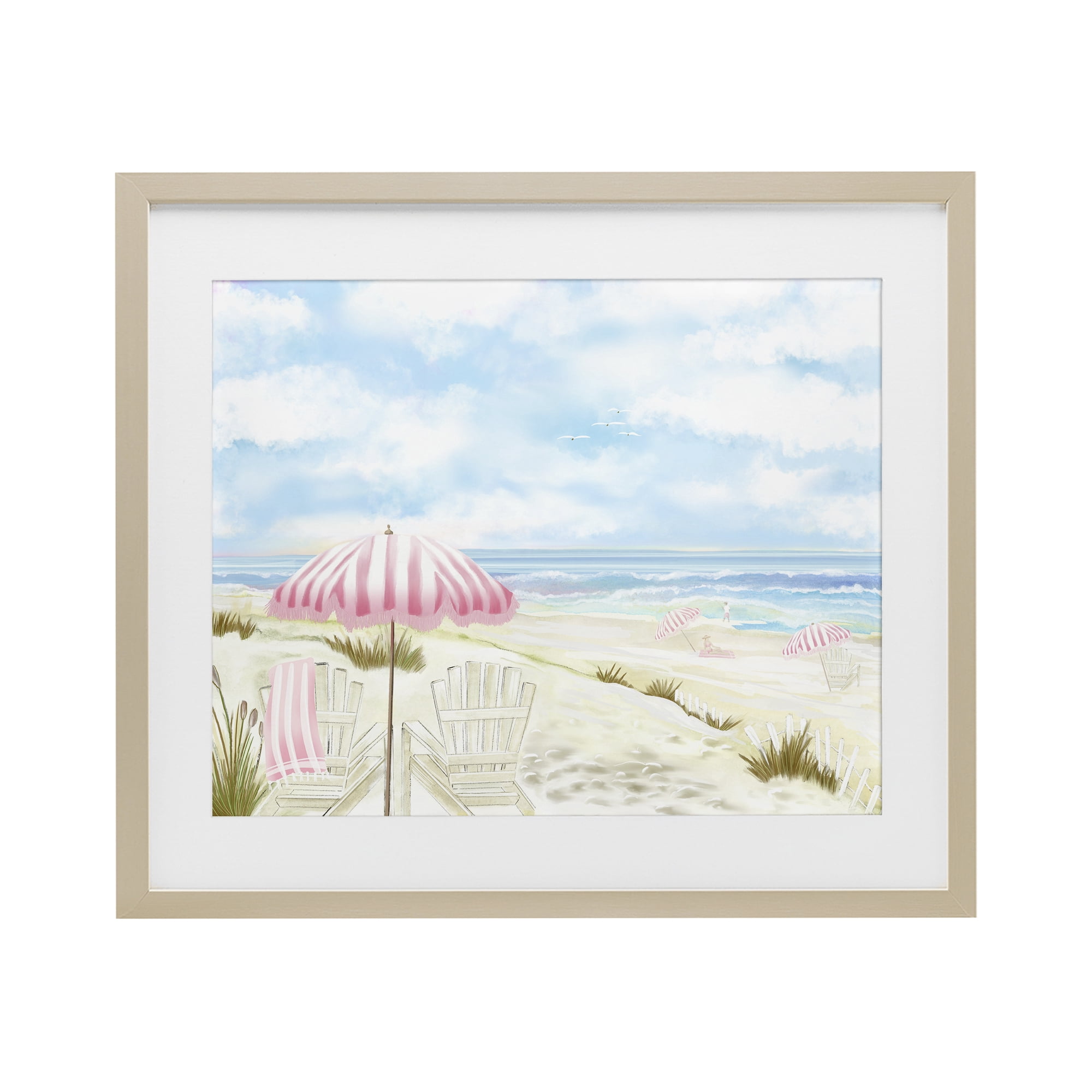 Seascape with Pink Umbrella Birch Framed Print Under Glass, design by Lori Mosley