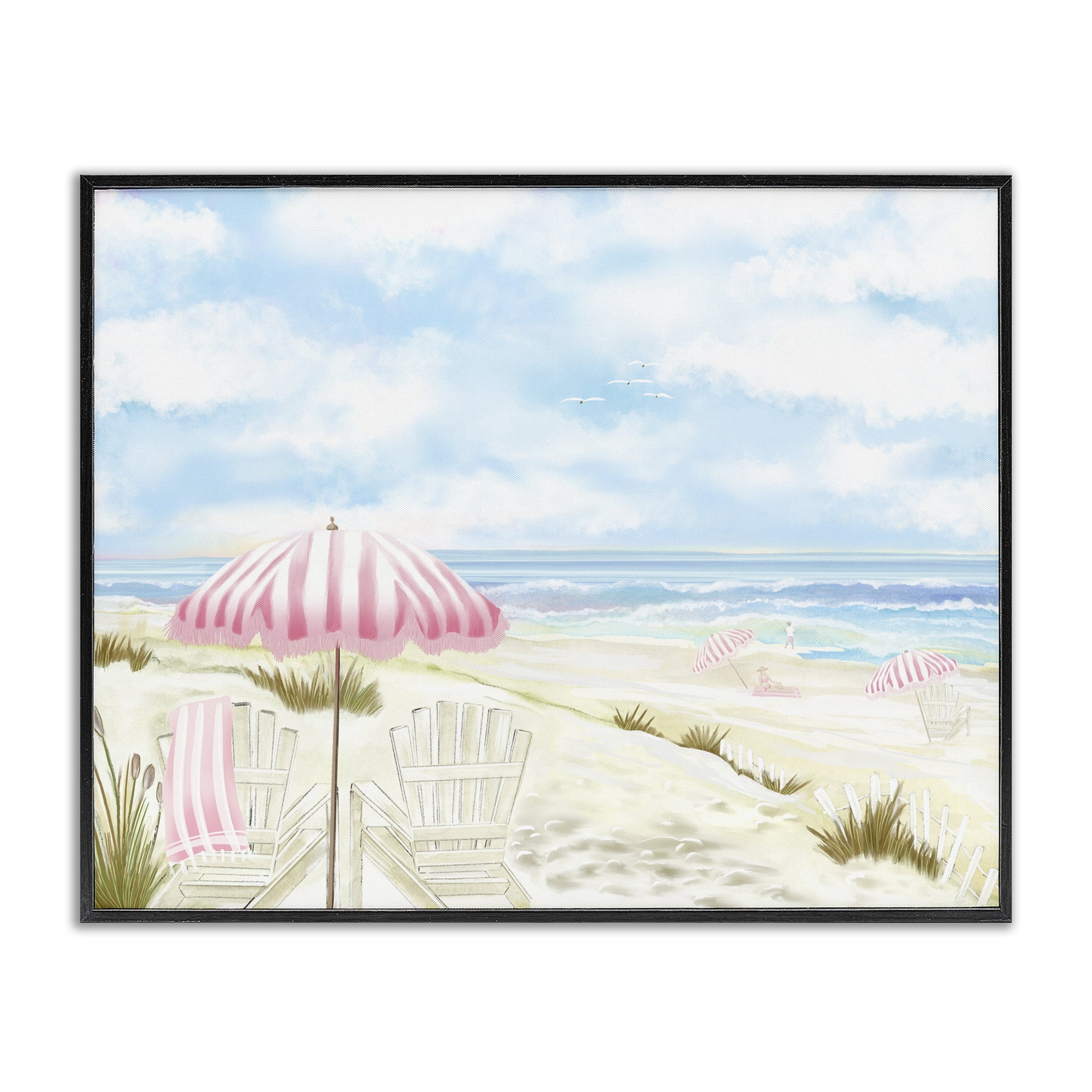 Seascape with Pink Umbrella Black Framed Giclee Art, design by Lori Mosley