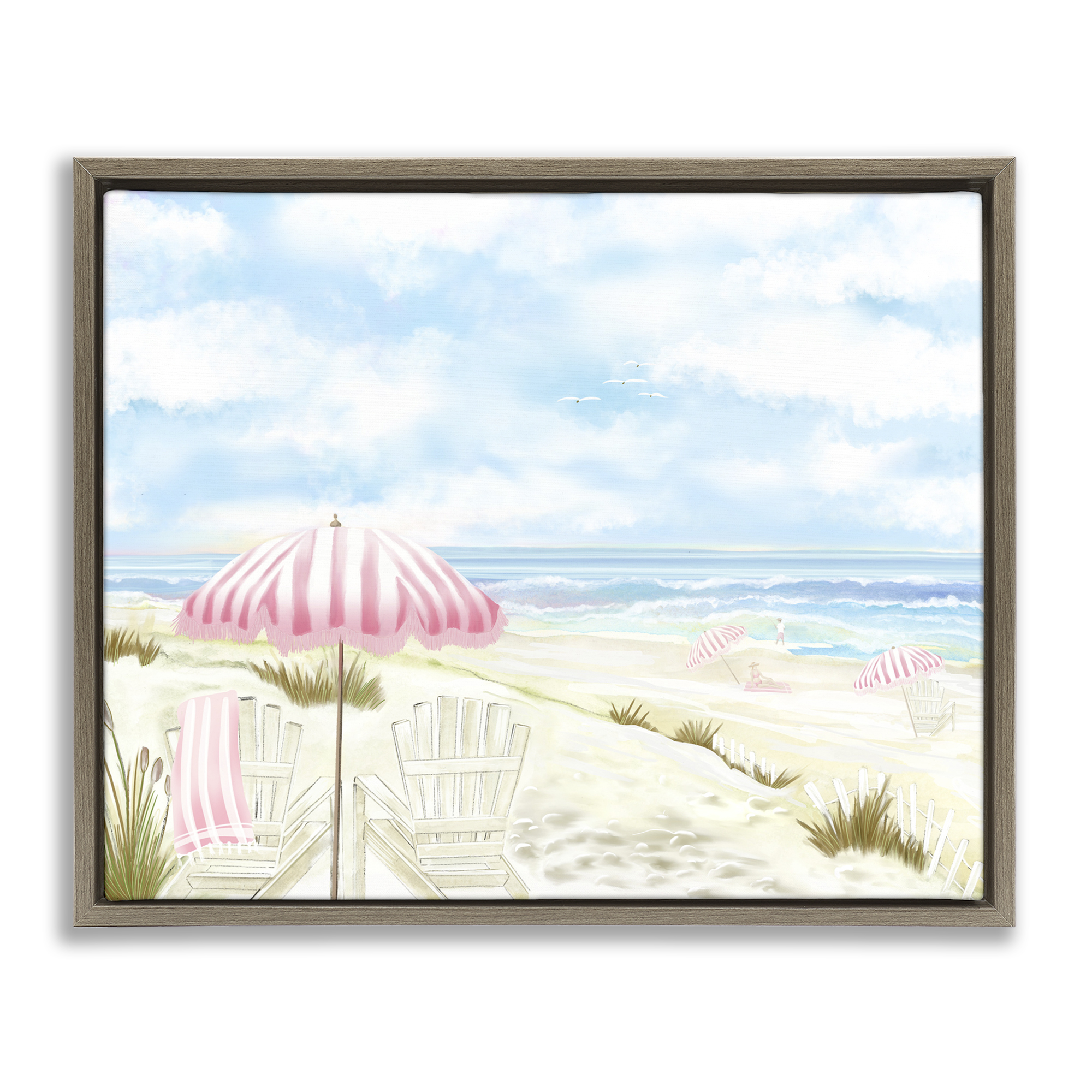 Seascape with Pink Umbrella Brown Framed Floater Canvas Wall Art, design by Lori Mosley
