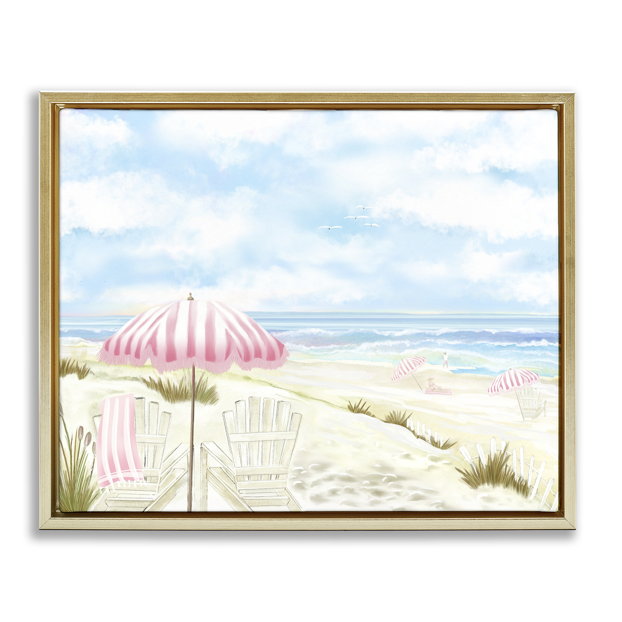 Seascape with Pink Umbrella Gold Framed Floater Canvas Wall Art, design by Lori Mosley