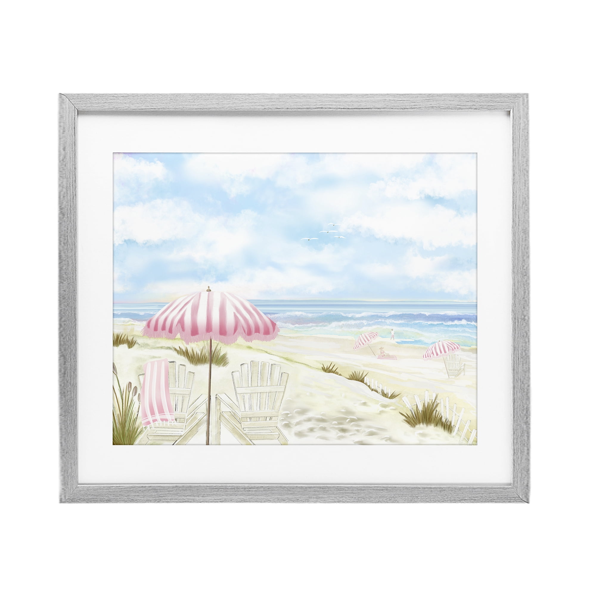 Seascape with Pink Umbrella Gray Framed Print Under Glass, design by Lori Mosley