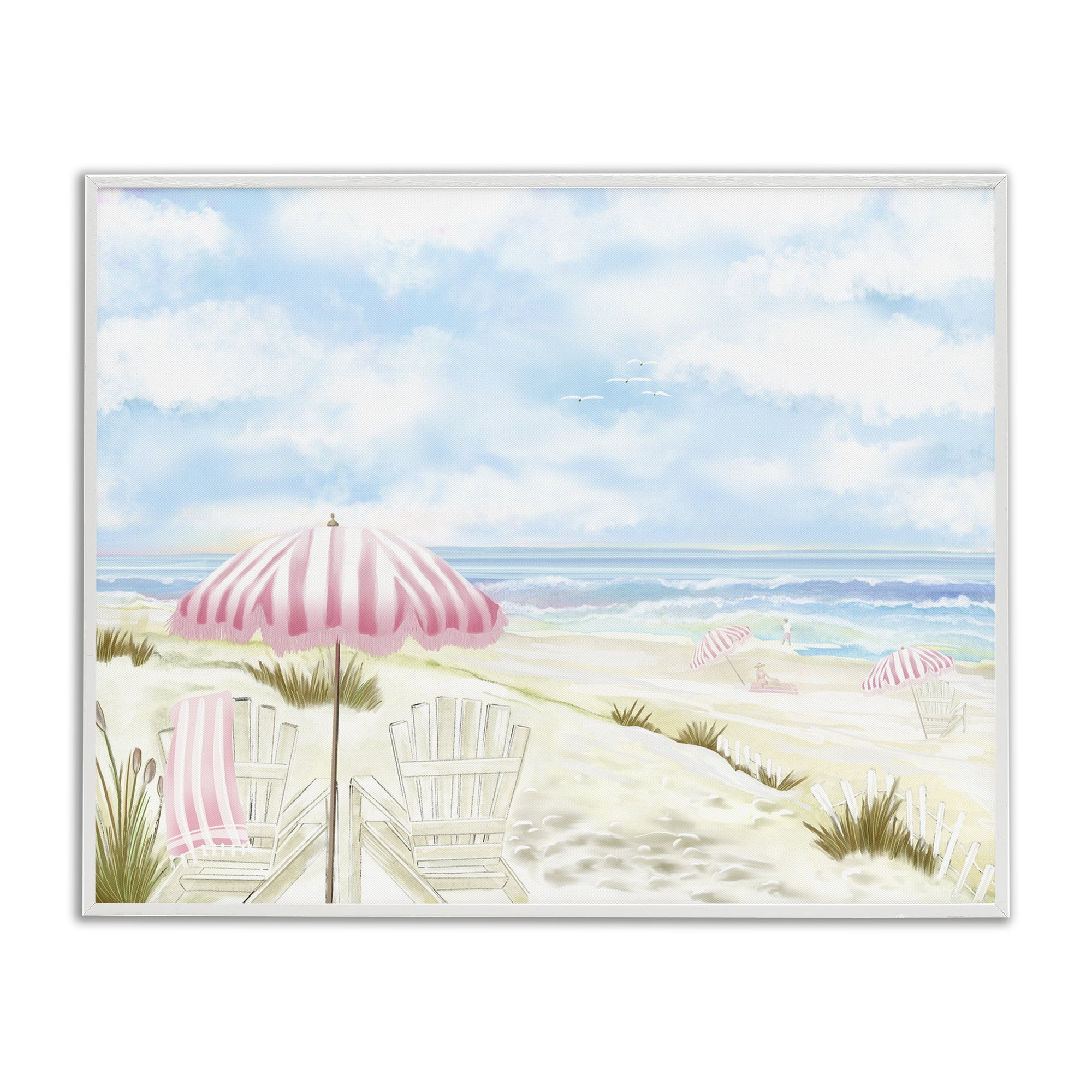 Seascape with Pink Umbrella White Framed Giclee Art, design by Lori Mosley