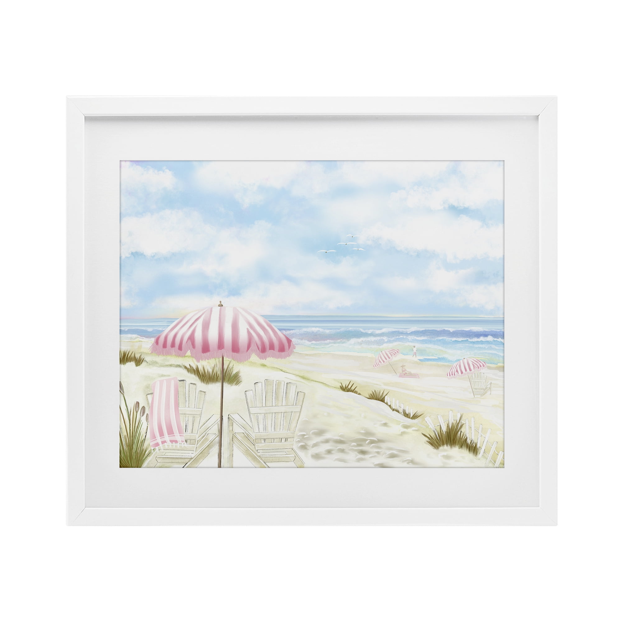 Seascape with Pink Umbrella White Framed Print Under Glass, design by Lori Mosley