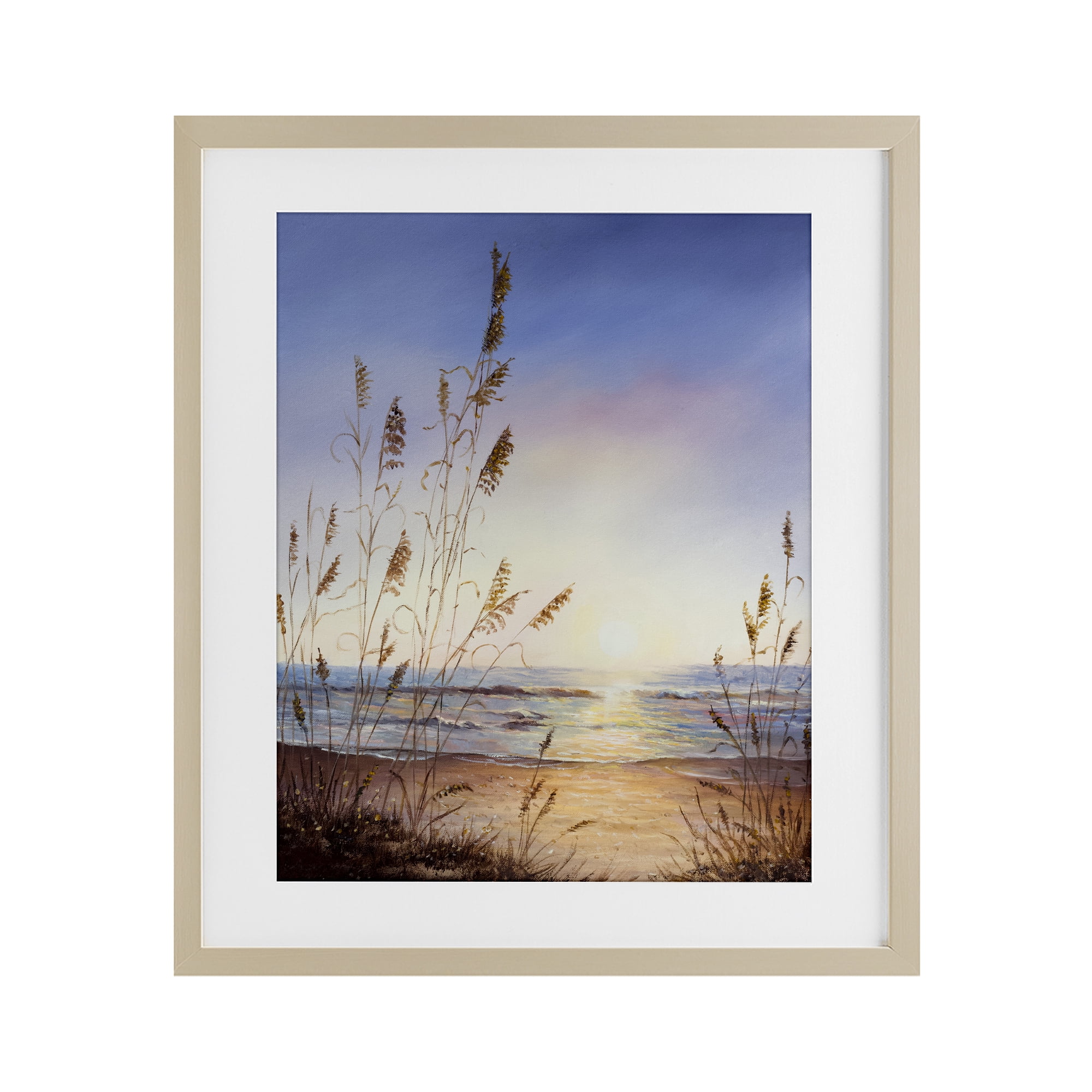 Seascape with Sunlit Grasses Birch Framed Print Under Glass, design by Michelle Faber