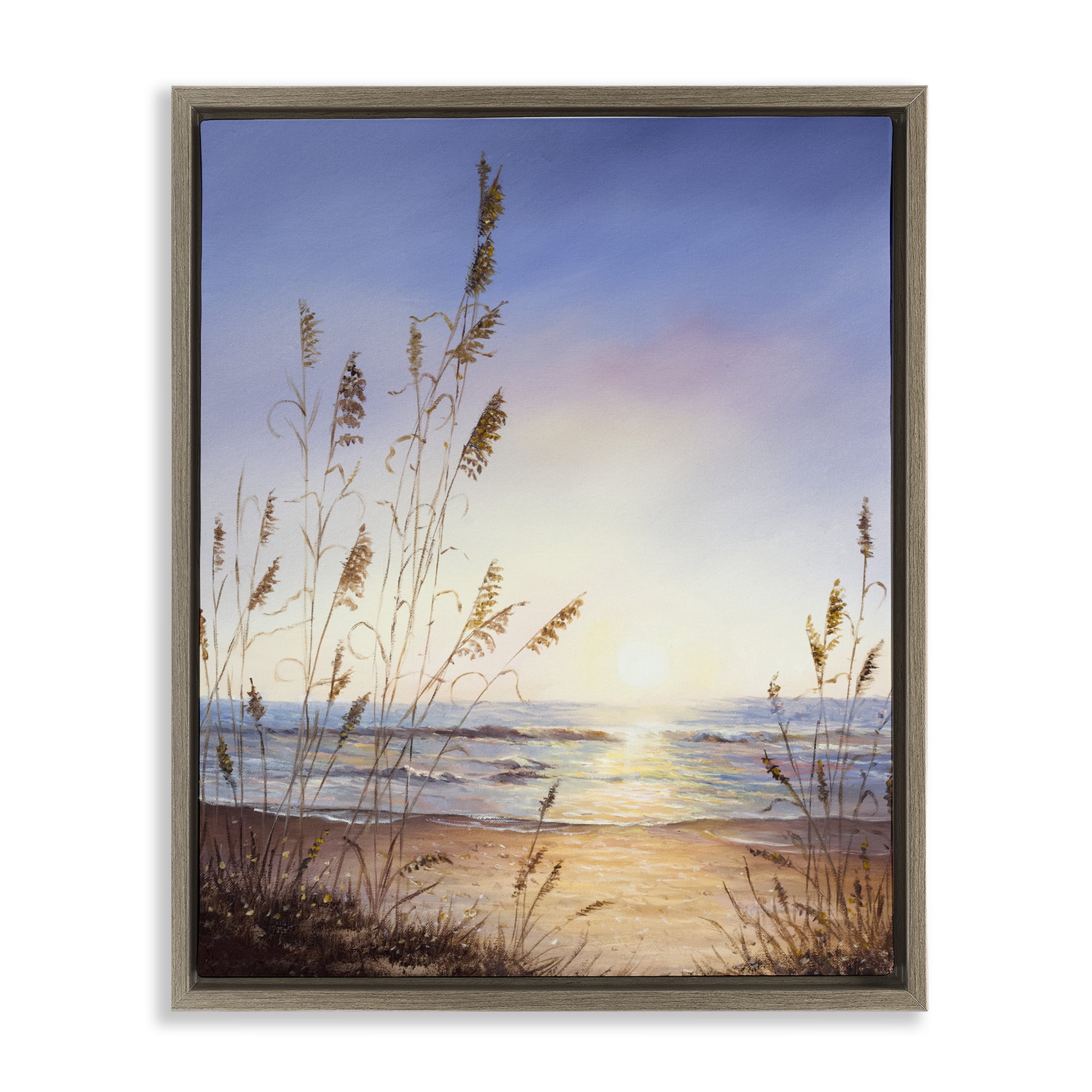 Seascape with Sunlit Grasses Brown Framed Floater Canvas Wall Art, design by Michelle Faber