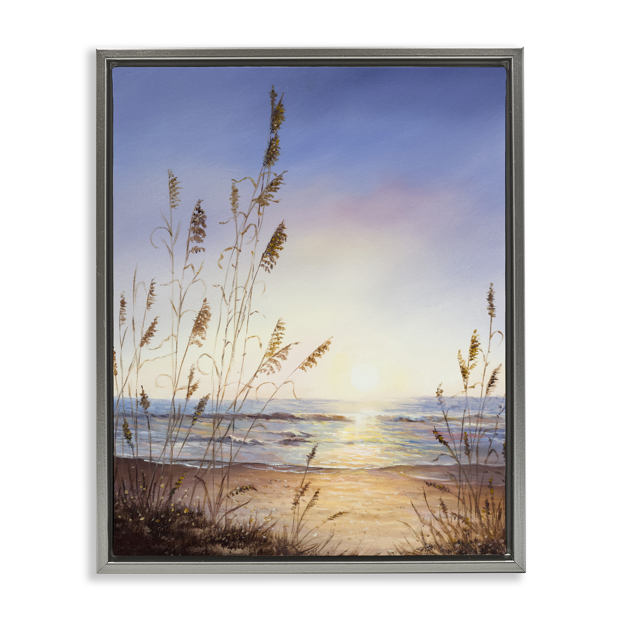 Seascape with Sunlit Grasses Gray Framed Floater Canvas Wall Art, design by Michelle Faber