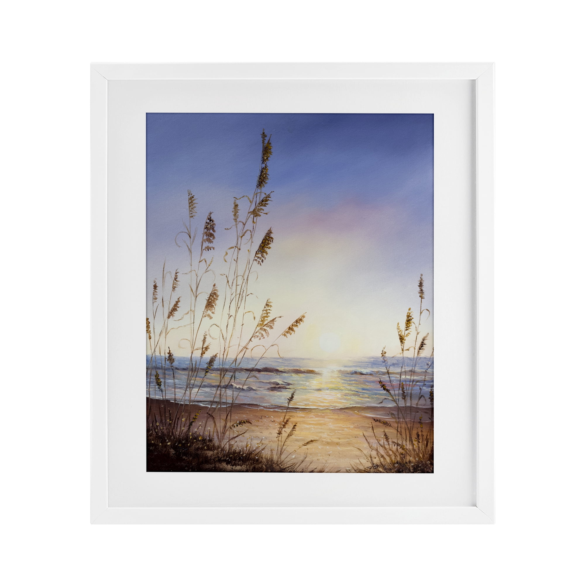 Seascape with Sunlit Grasses White Framed Print Under Glass, design by Michelle Faber