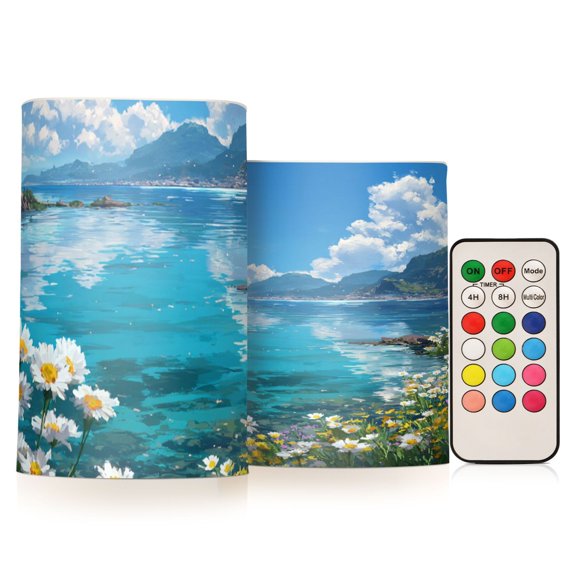 Seascape with Sunshine Flickering Flameless Candles Battery Operated with Remote Timer LED Pillar Candles Set of 2