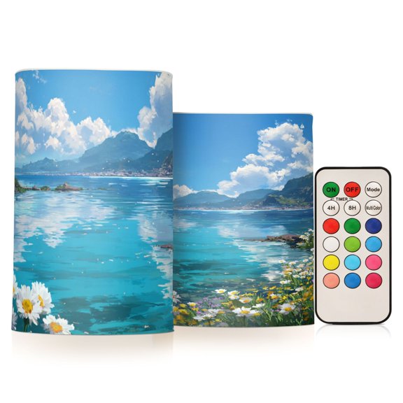 Seascape with Sunshine Flickering Flameless Candles Battery Operated with Remote Timer LED Pillar Candles Set of 2