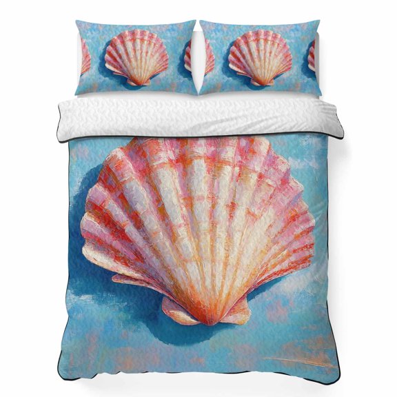 Seashell 3 Piece Quilt Bedding Set with 2 Pillow Shams, Scallop Coastal Beach Nautical Ocean Lightweight Bedspread Coverlet, Soft Breathable All Season Quilt, 68 x 98 Inch