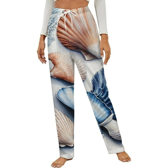 Seashell Art Print Winter Female Pants Flannel High Waist Women Pants Lady Warm Straight Leg Plush Trousers