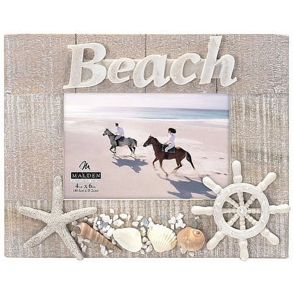 Malden International Designs Distressed Wood Shoreline "Beach" with Attached Seashells Picture Frame, 4x6, Tan