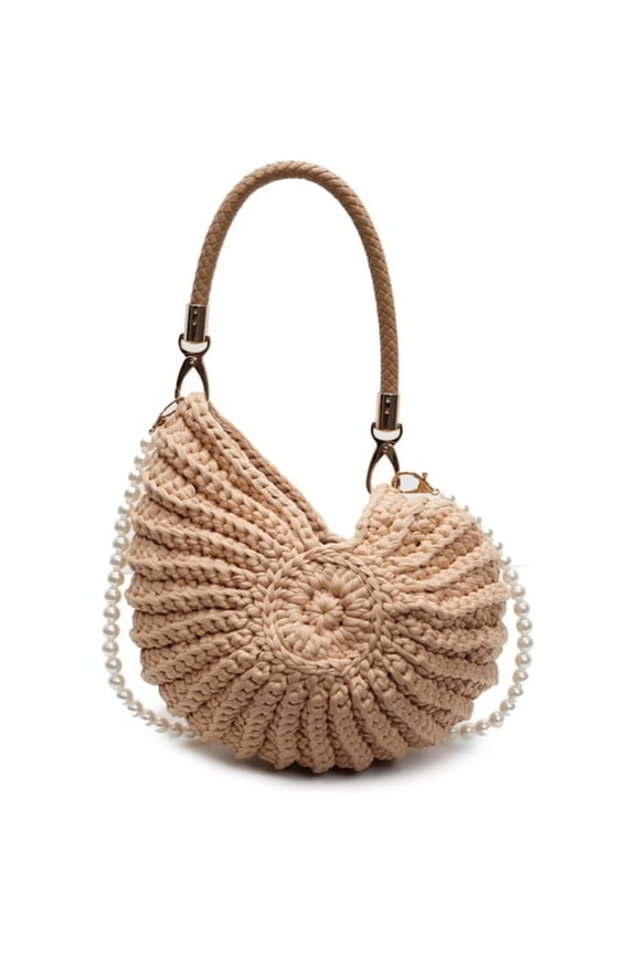 Seashell Bag Handwoven Beach Handbag Shell Purse for Wome Summer Crossbody Satchel with Pearl Strap,Khaki
