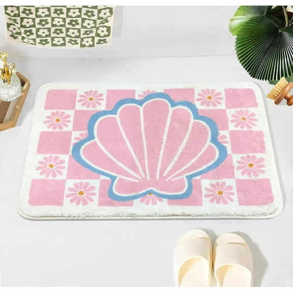 Seashell Bathroom Rugs Checkered Pink Cute Floral Mat, Ocean Seashell Gifts Sea Room Decor, Soft Non-Slip Foot Mat Microfiber Washable Bath Mat(17"x27" Carpet)