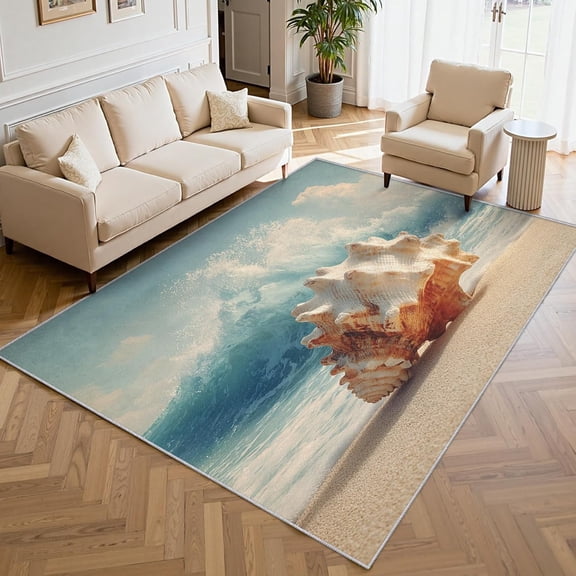 Seashell Beach Coastal Area Rug, Sand Ocean Pattern Carpet, Washable Non Slip Low Pile Soft Thin, Living Room Bedroom Home Decor Mat 5x8ft