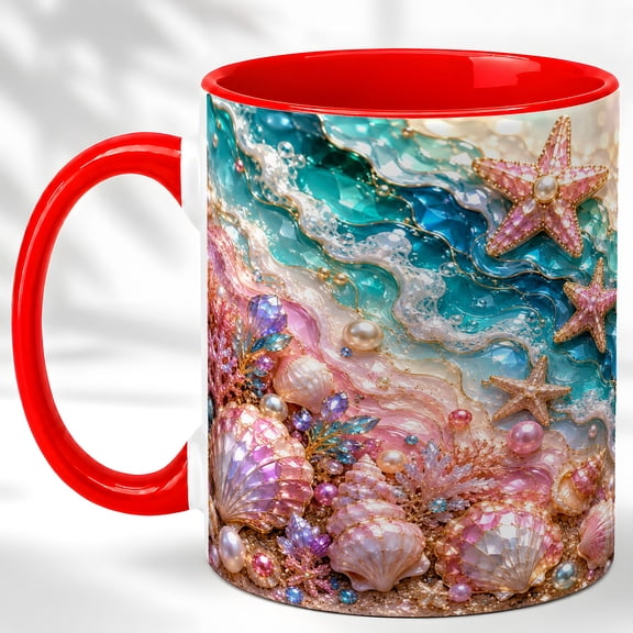 Seashell Beach Coffee Mug, Starfish Ocean Mug, Ceramic Cup