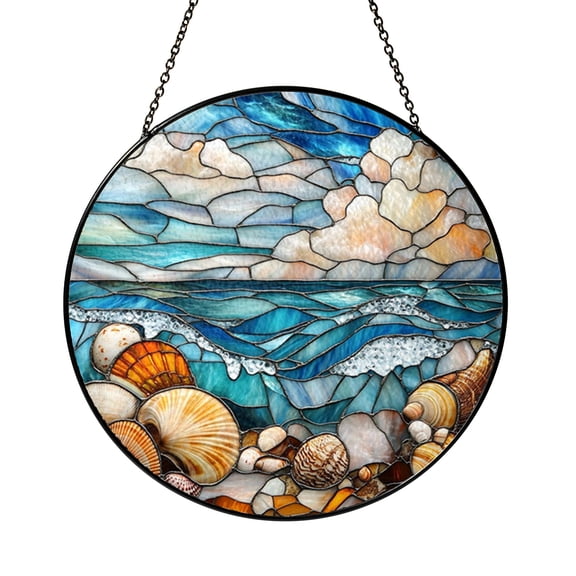 Seashell Beach Horizon Stained Glass-Style Suncatcher, Real Glass Window Hanging, Coastal Decorative Panel Ornament for Ocean Window Art and Beach Theme Home Decoration