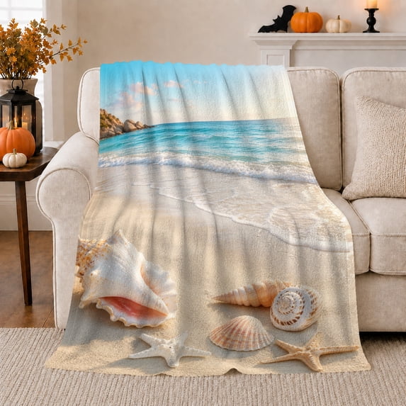 Seashell Beach Ocean Cliff in Serene Coastal Style for Beach Lovers, Pink Conch Starfish Shore Scene, Soft Flannel Blanket for Bedroom and Beach House, Housewarming Gift, Coastal Home Decor