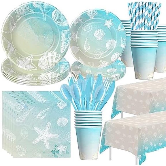 Seashell Beach Party Decorations, Beach Seashell Birthday Party Supplies, Plate, Cup, Napkin, Tablecloth, Tableware, Sea Shell Party Supplies For Birthday Baby Shower Wedding Party | Serve 24