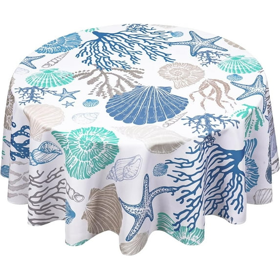 Seashell Beach Round Tablecloth 60 Inch, Waterproof Stainproof Spillproof Table Cloths Wrinkle Resistant, Washable Polyester Summer Sea Table Cloth Round Cover for Dining/Party/Picnic/Holiday