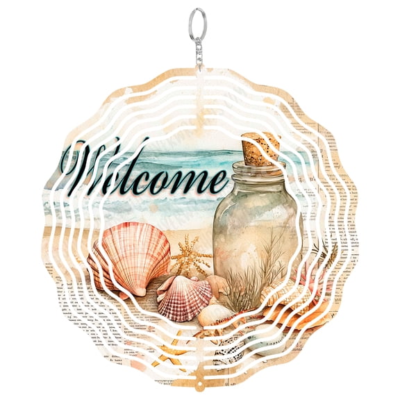 Seashell Beach Wind Spinner Metal Outdoor Decor Watercolor Coastal Multi-Color