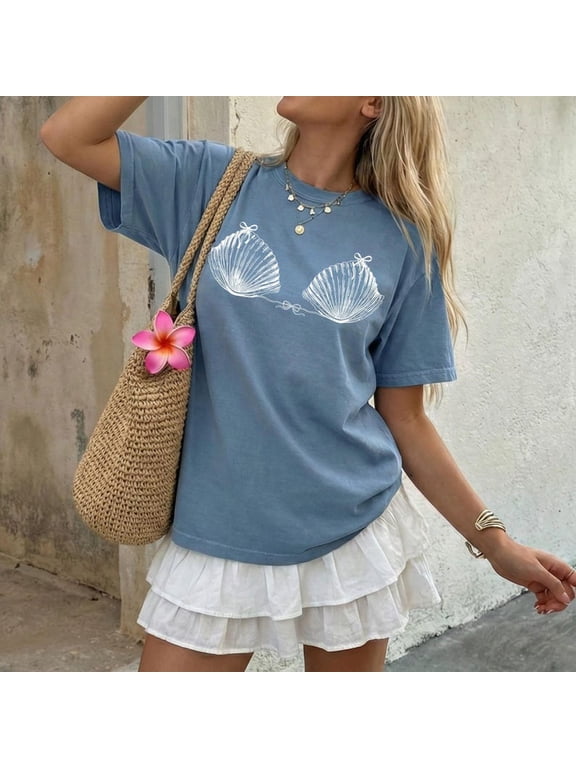 Seashell Bikini Top T-Shirt, Comfort Colors Shirt, Shell Illustration Tee, Beach Vacation Shirt, Retro 90s Beach Tee, Coastal Summer Top