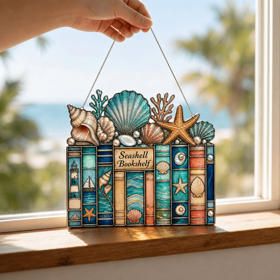 Seashell Bookshelf Acrylic Suncatcher Window Hanging Gift for Mom Beach Lover
